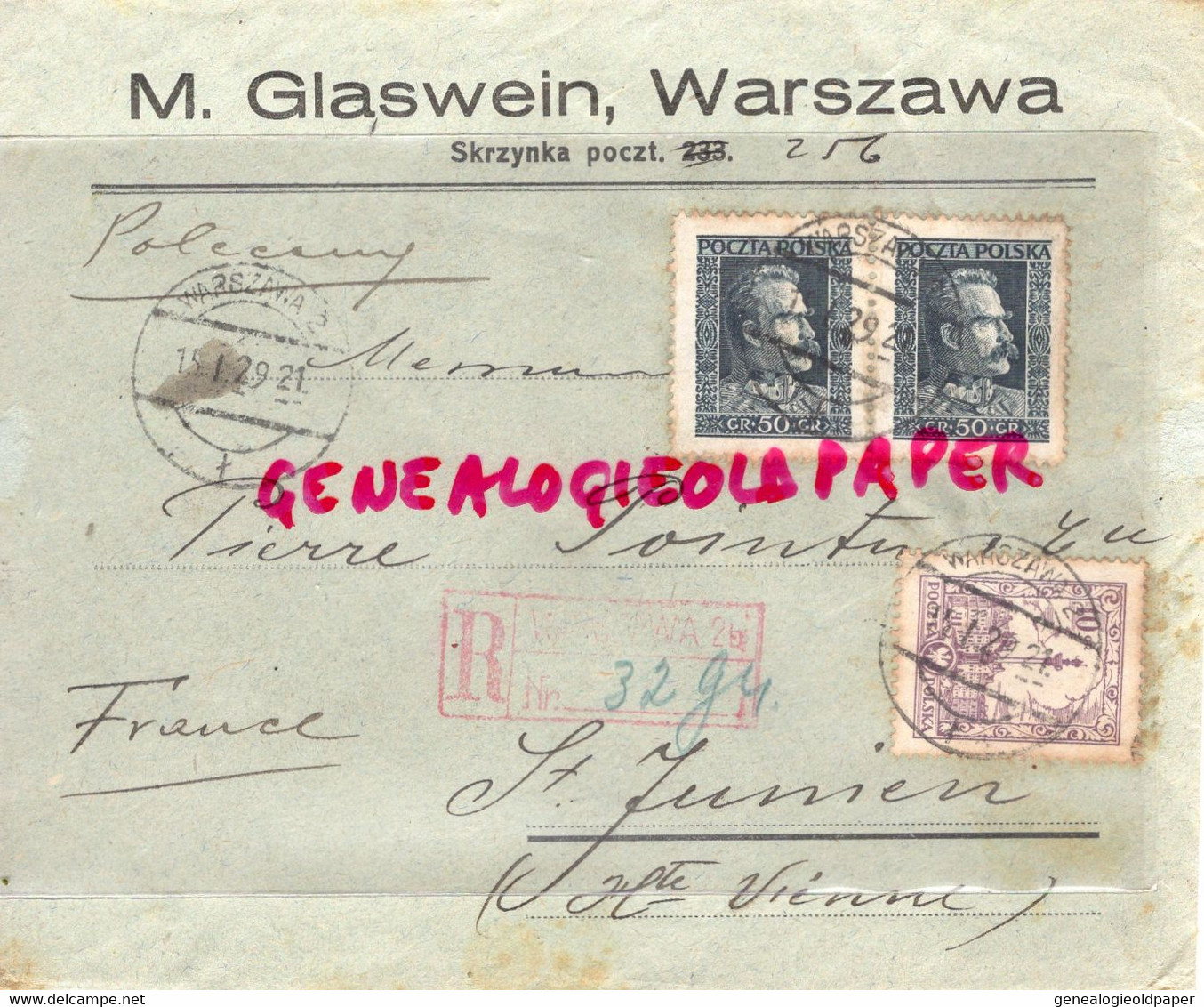 POLOGNE- ENVELOPPE M. GLASWEIN WARSZAWA- SKRZYNKA POCZT -PIERRE POINTU MEGISSERIE  SAINT JUNIEN- 1929 - Altri & Non Classificati