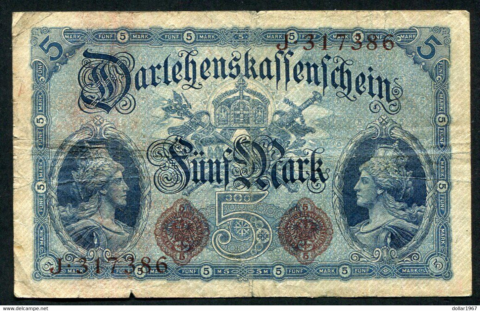 Germany - Duitsland ,6stellig ( A )  Ersten Weltkriegs , 5 Mark  1914-1918 - NR J 317386 . - 5 Mark