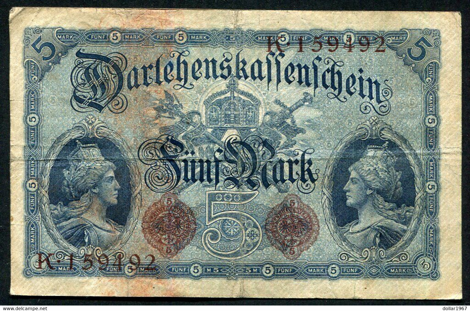 Germany - Duitsland ,6stellig ( A )  Ersten Weltkriegs , 5 Mark  1914-1918 - NR K 159192 . - 5 Mark