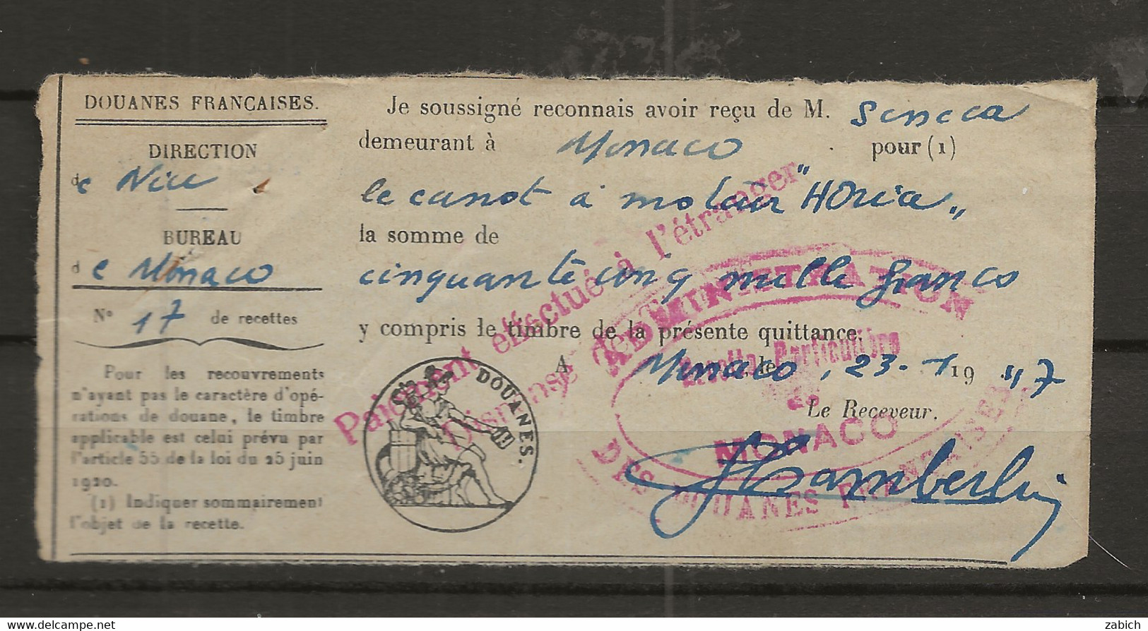 TIMBRES FISCAUX MIXTE FRANCE/ MONACO DOUANES CACHET DISPENSE DU TIMBRE PAIEMENT à L'ETRANGER 1947 - Fiscale Zegels