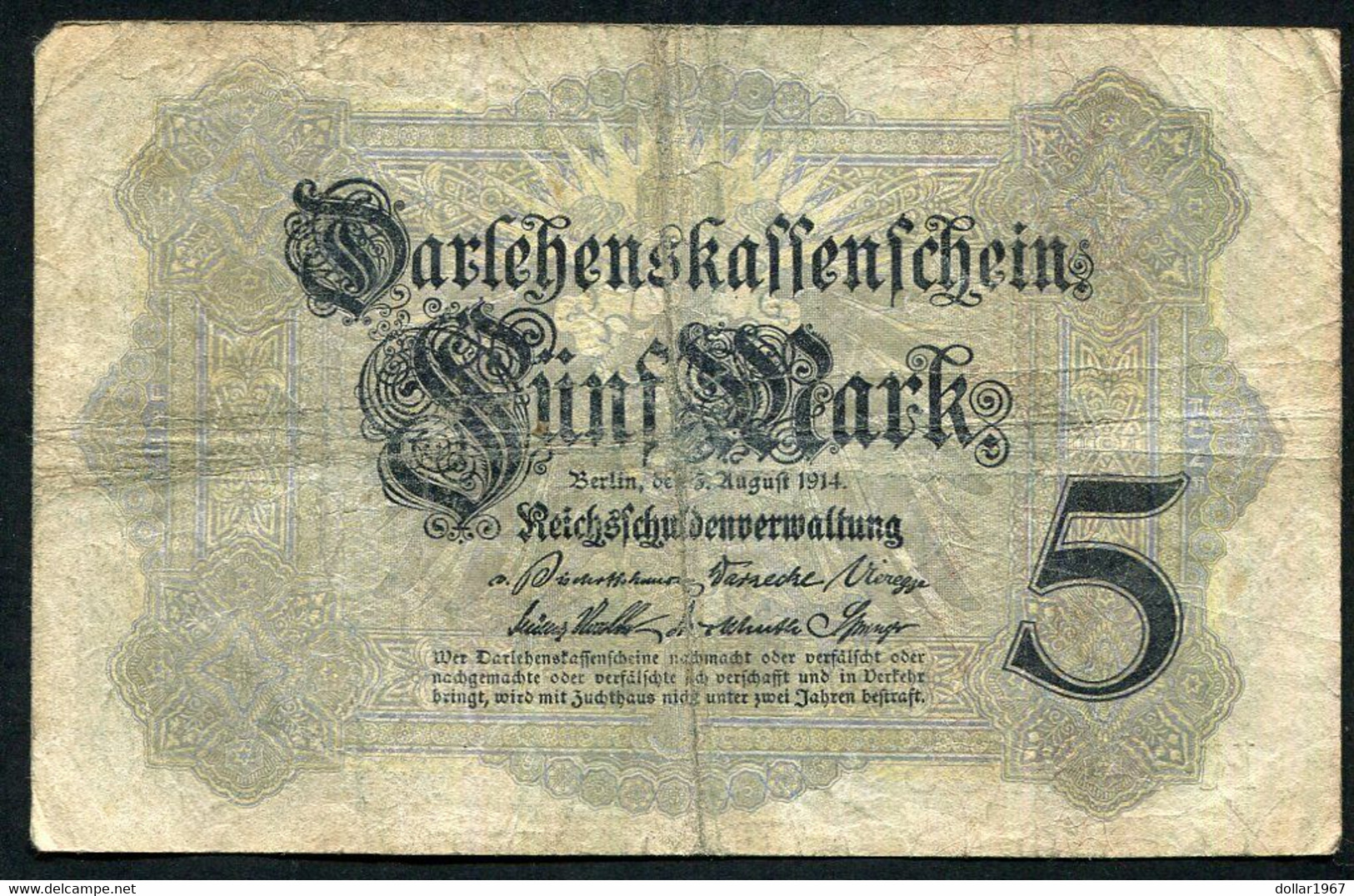 Germany - Duitsland ,6stellig ( A )  Ersten Weltkriegs , 5 Mark  1914-1918 - NR K 304183. - 5 Mark