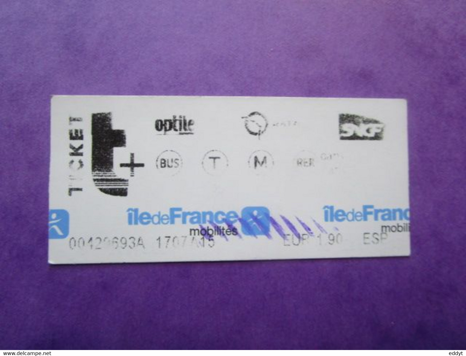 1 TICKET  Métro Autobus Rer -  RATP/SNCF - PARIS - 2° Classe  - TBE - World