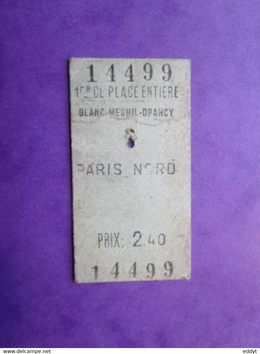 1 TICKET  SNCF - PARIS-NORD - 1° Classe  - 1968 - BE - Zonder Classificatie