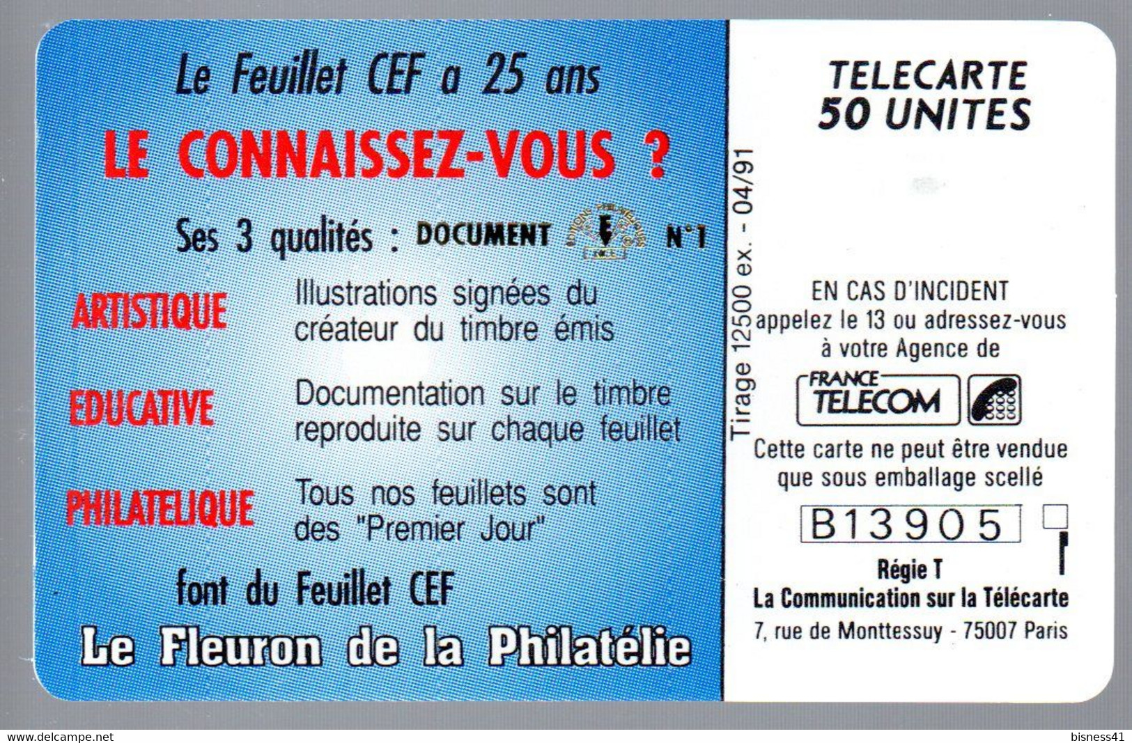 Télécarte En37a  Avril 1991 Neuve Numérotée 1er Jour Sur Document Philatélique - 1991