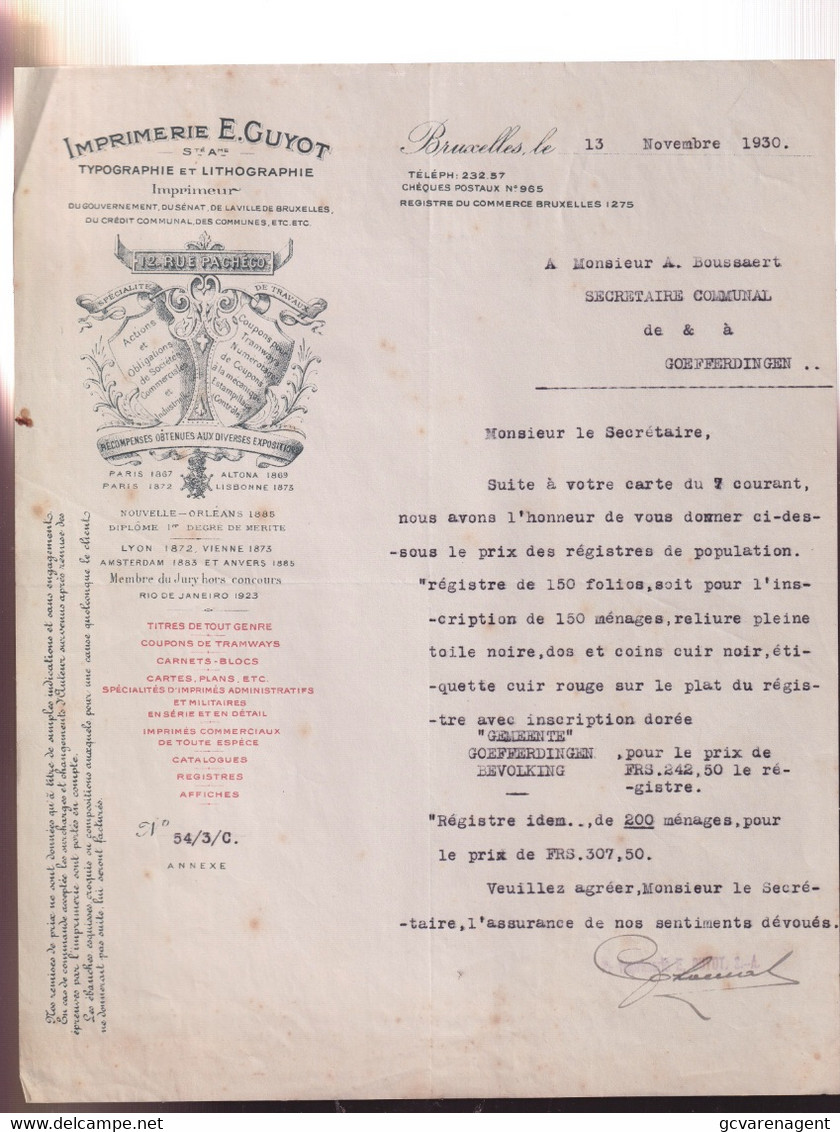 BRUXELLES 1930   IMPRIMERIE E.GUYOT   12 RUE DE PACHERO - Imprimerie & Papeterie