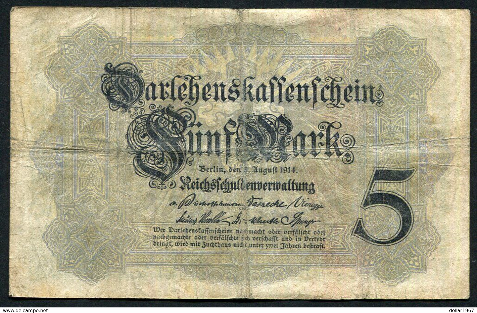 Germany - Duitsland ,6stellig ( A )  Ersten Weltkriegs , 5 Mark  1914-1918 - NR P 835523 - 5 Mark