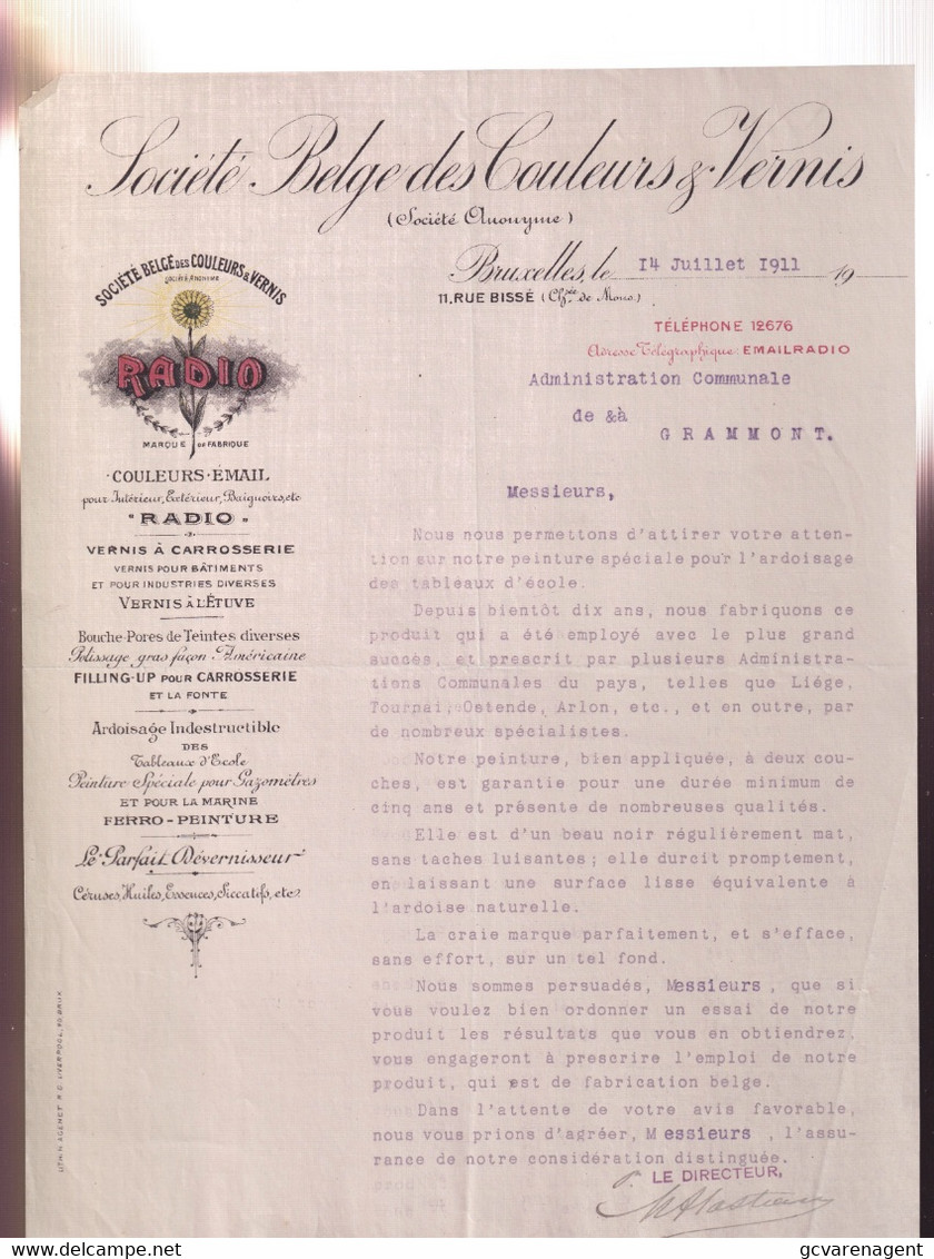 BRUXELLES 1911 - SOCIETE BELGES DES COULEURS & VERNIS - 11 RUE BISSE - Perfumería & Droguería