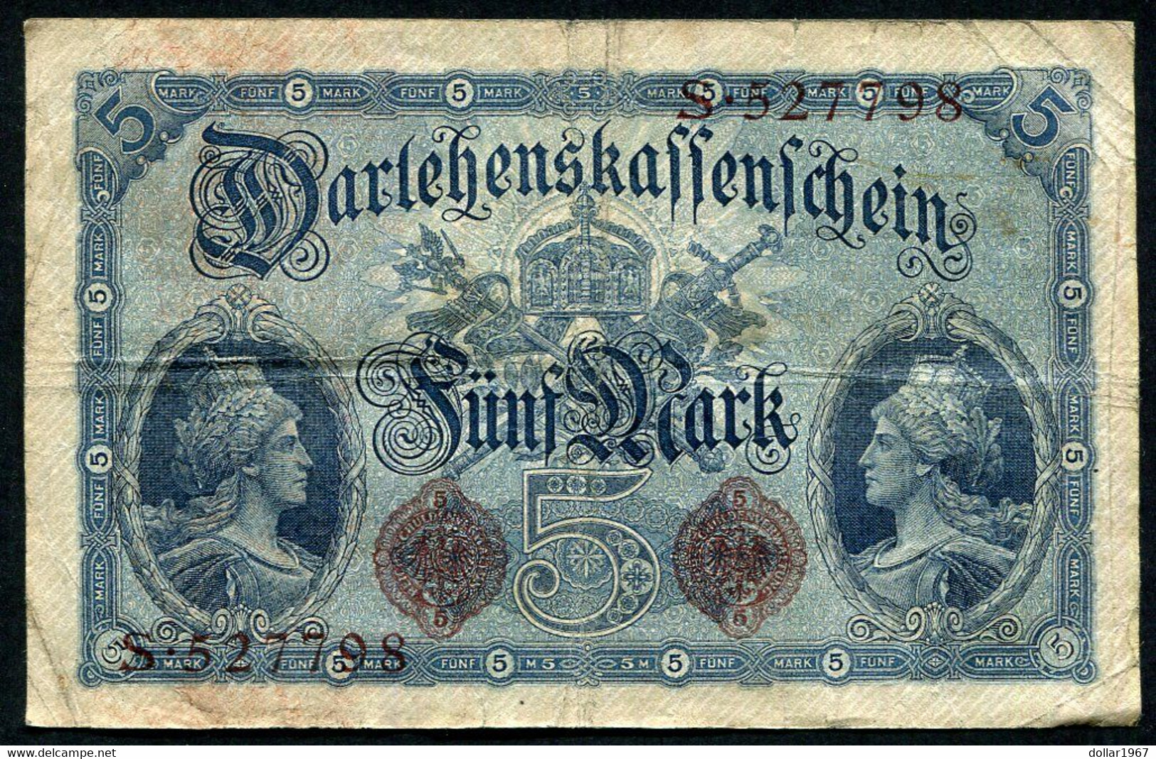 Germany - Duitsland ,6stellig ( A )  Ersten Weltkriegs , 5 Mark  1914-1918 - NR S 527798 - 5 Mark