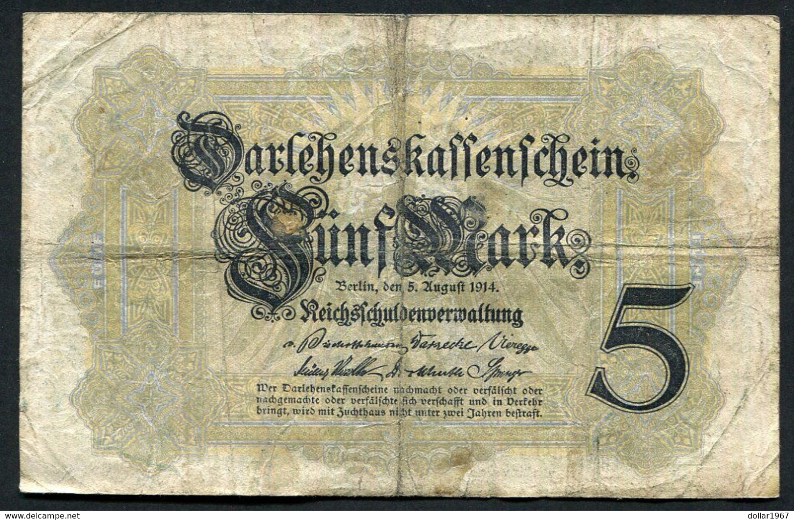 Germany - Duitsland ,6stellig ( A )  Ersten Weltkriegs , 5 Mark  1914-1918 - NR S 527798 - 5 Mark