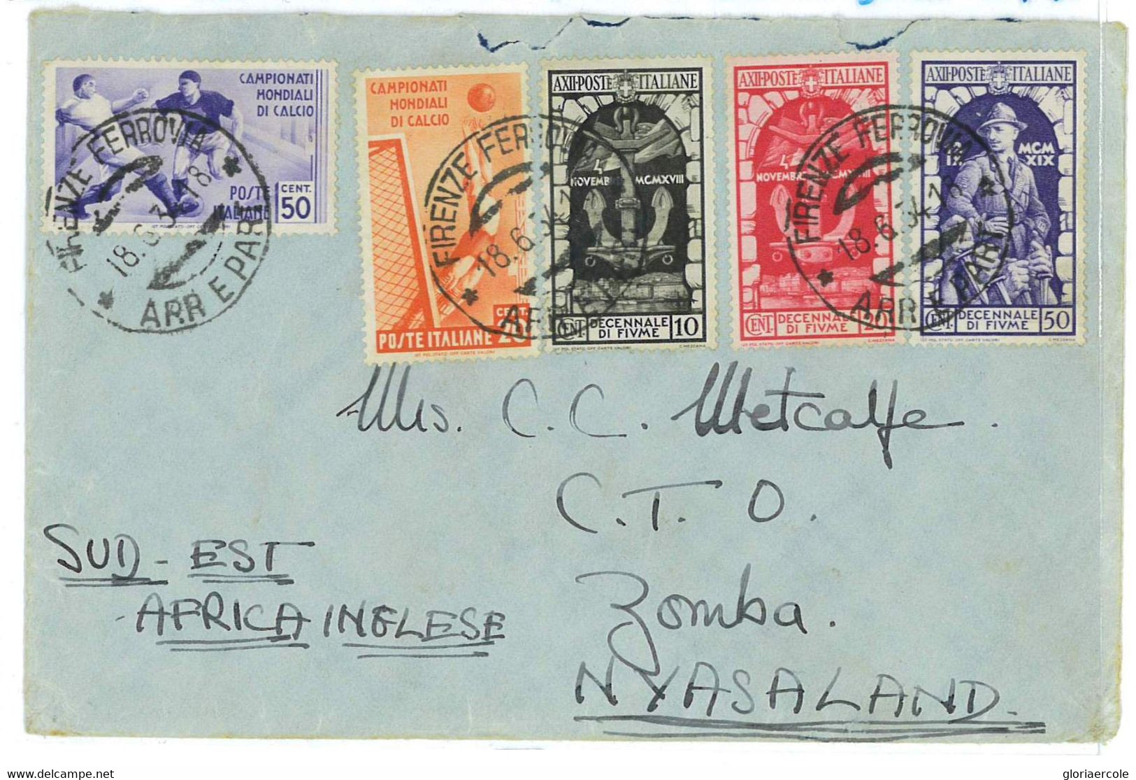 BK1606 - ITALY - Postal History - FOOTBALL Wold Cup 1934 Cover To NYASALAND 1934 - 1934 – Italia