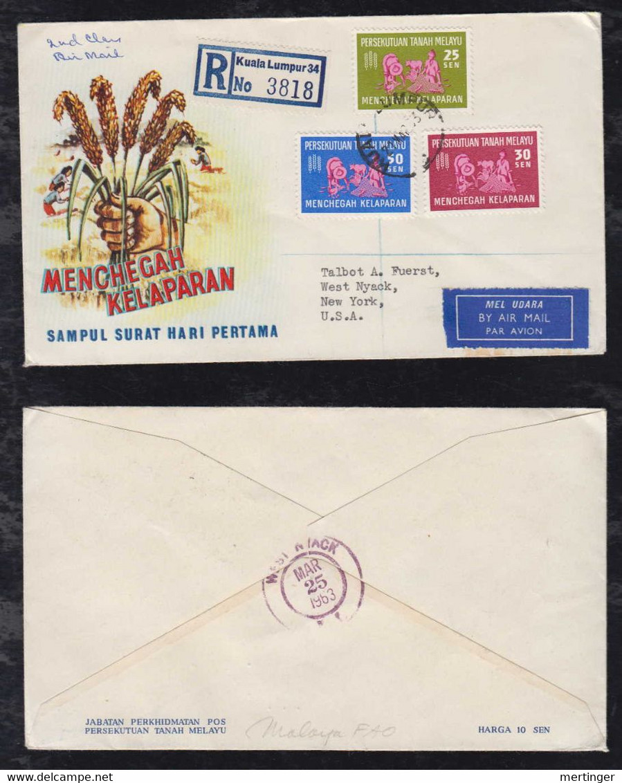 Malaysia 1963 Registered FDC Cover Hunger KUALA LUMPUR To NEW YORK USA - Federation Of Malaya