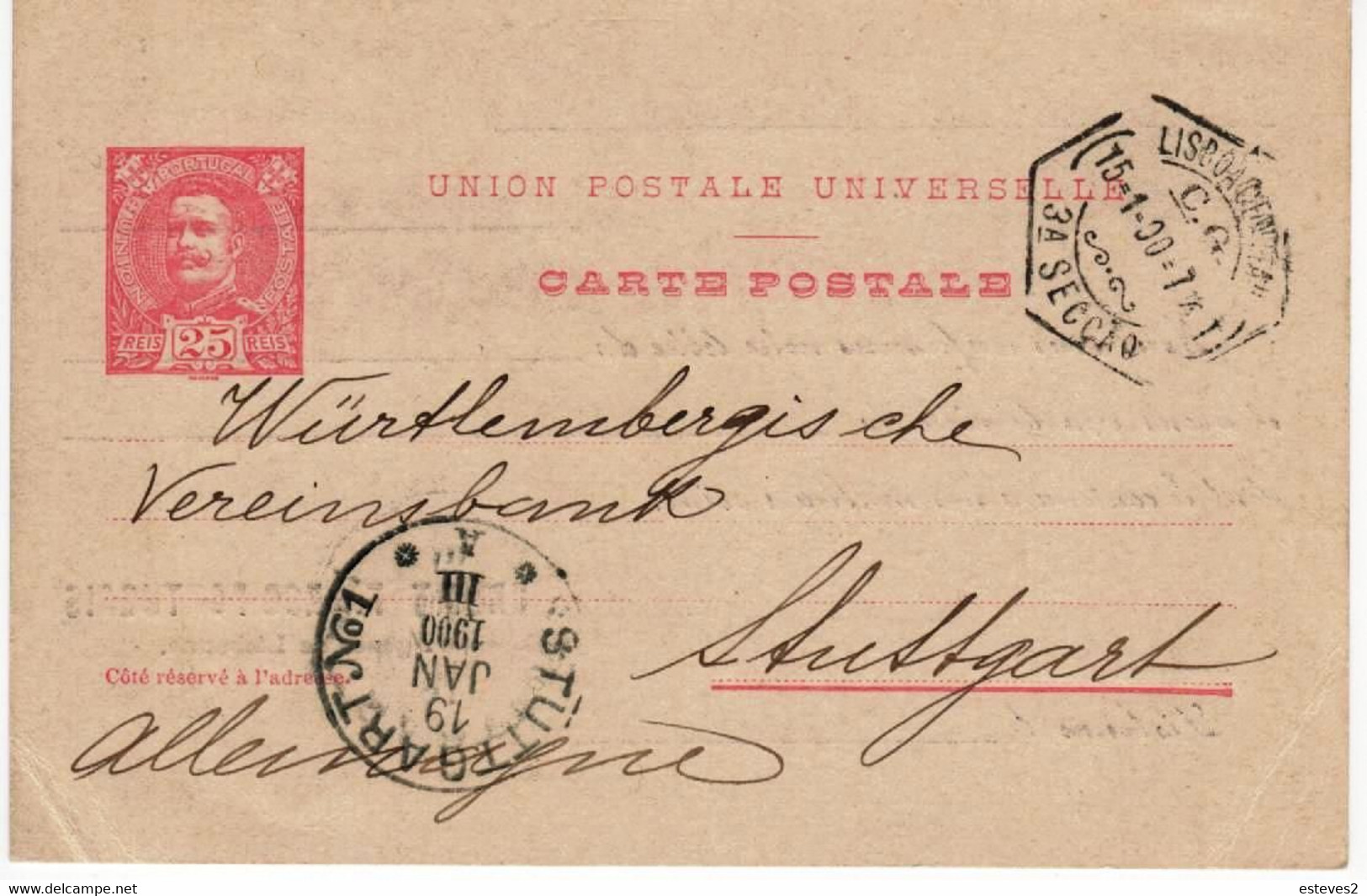 Portugal 1900 Stationery , D. Carlos I , 25 Reis , Lisboa And Stuttgart Postmarks , Credit Franco Portugais - Andere & Zonder Classificatie