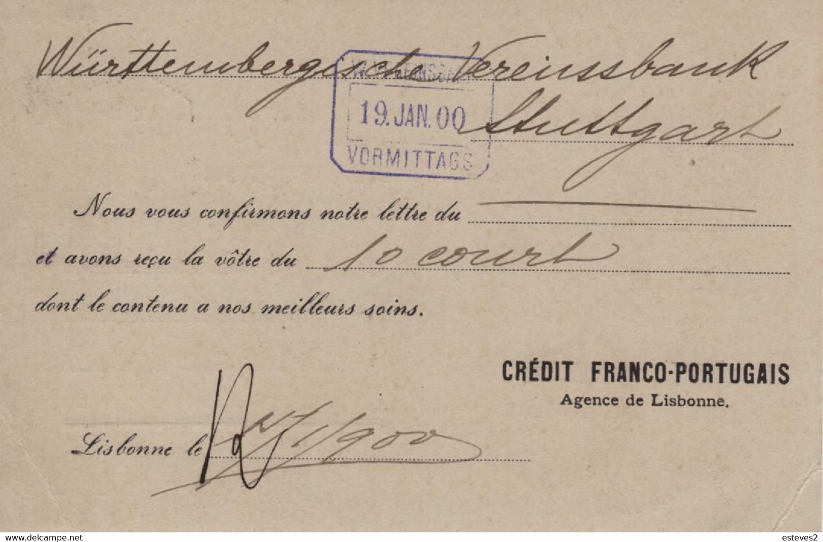 Portugal 1900 Stationery , D. Carlos I , 25 Reis , Lisboa And Stuttgart Postmarks , Credit Franco Portugais - Autres & Non Classés