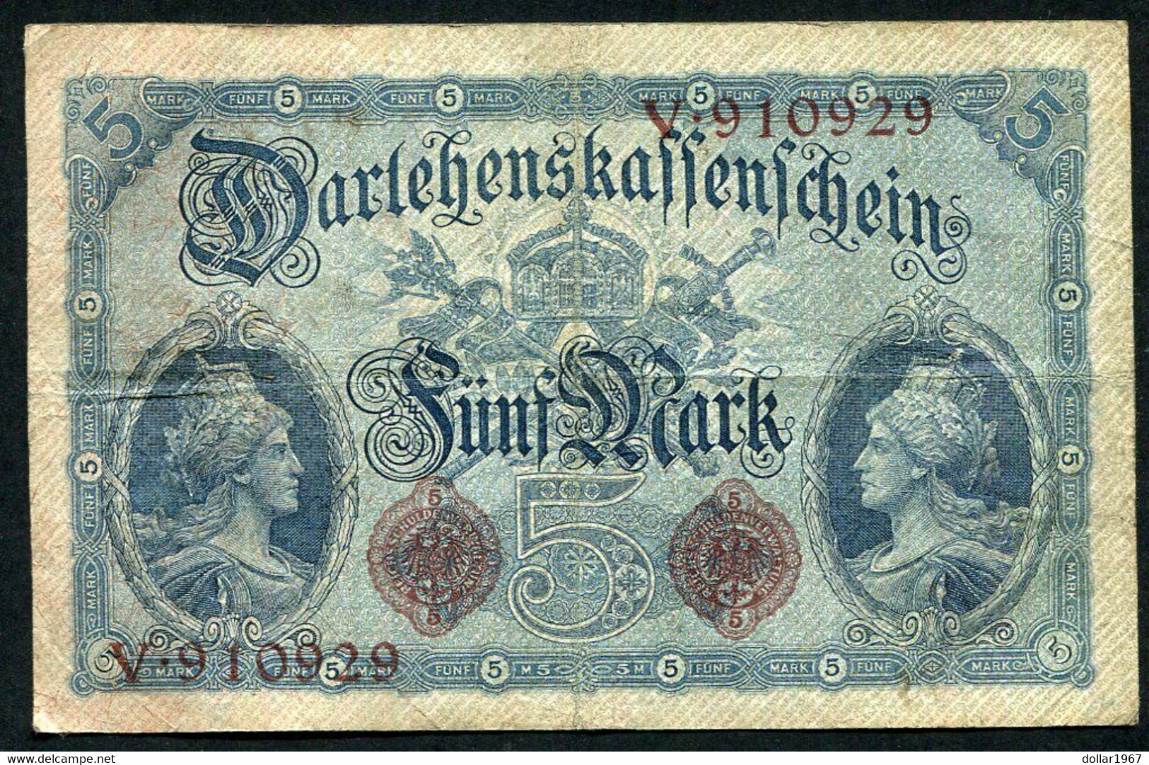 Germany - Duitsland ,6stellig ( A )  Ersten Weltkriegs , 5 Mark  1914-1918 - NR V 910929 - 5 Mark