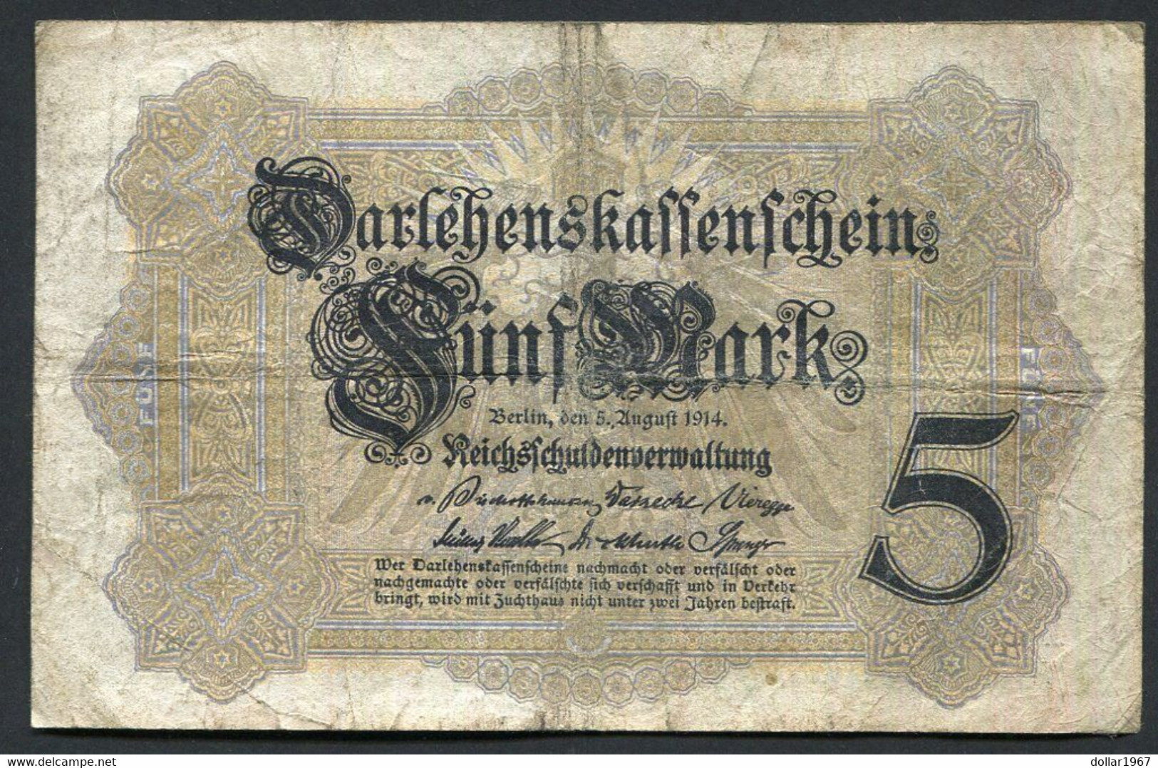 Germany - Duitsland ,6stellig ( A )  Ersten Weltkriegs , 5 Mark  1914-1918 - NR V 910929 - 5 Mark