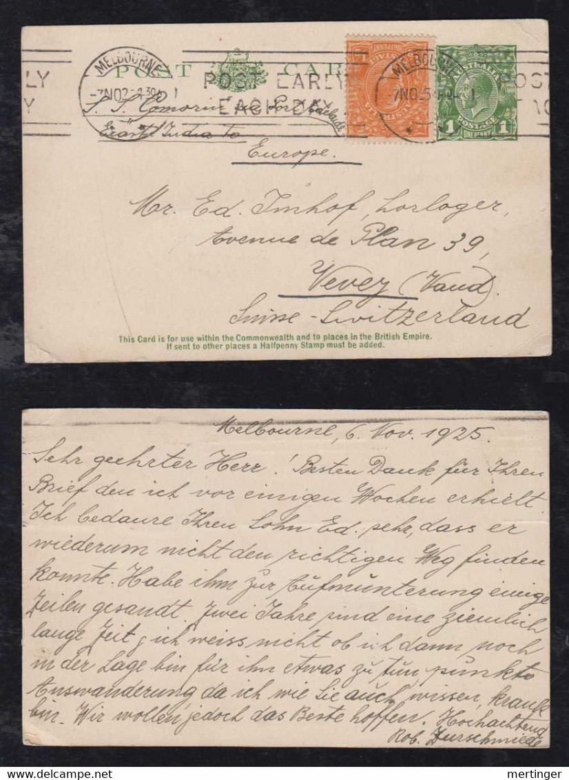 Australia 1925 Uprated Stationery Postcard MELBOURNE To VEVEY Switzerland - Covers & Documents