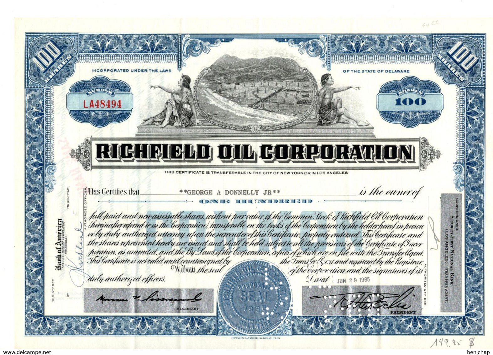 Richfield Oil Corporation - Los Angeles - Titre De 100 Actions - 1965 - Industry