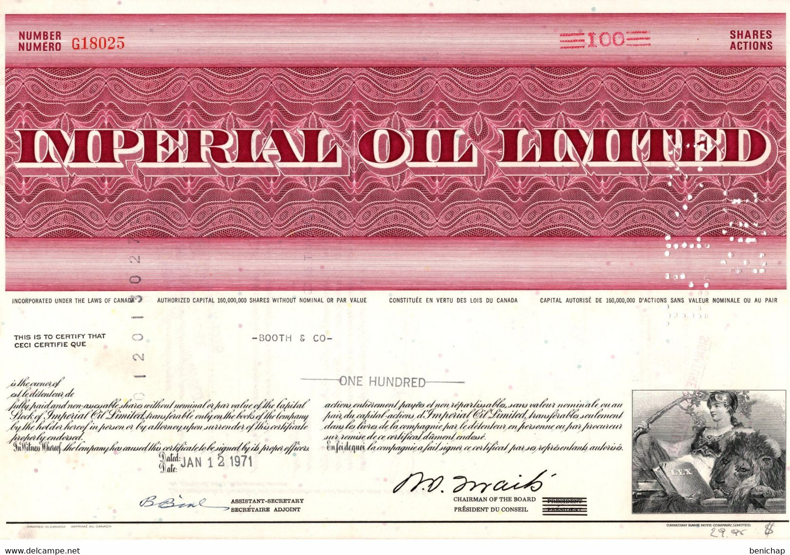 Imperial Oil Limited - Titre De 100 Actions - 1971. - Aardolie