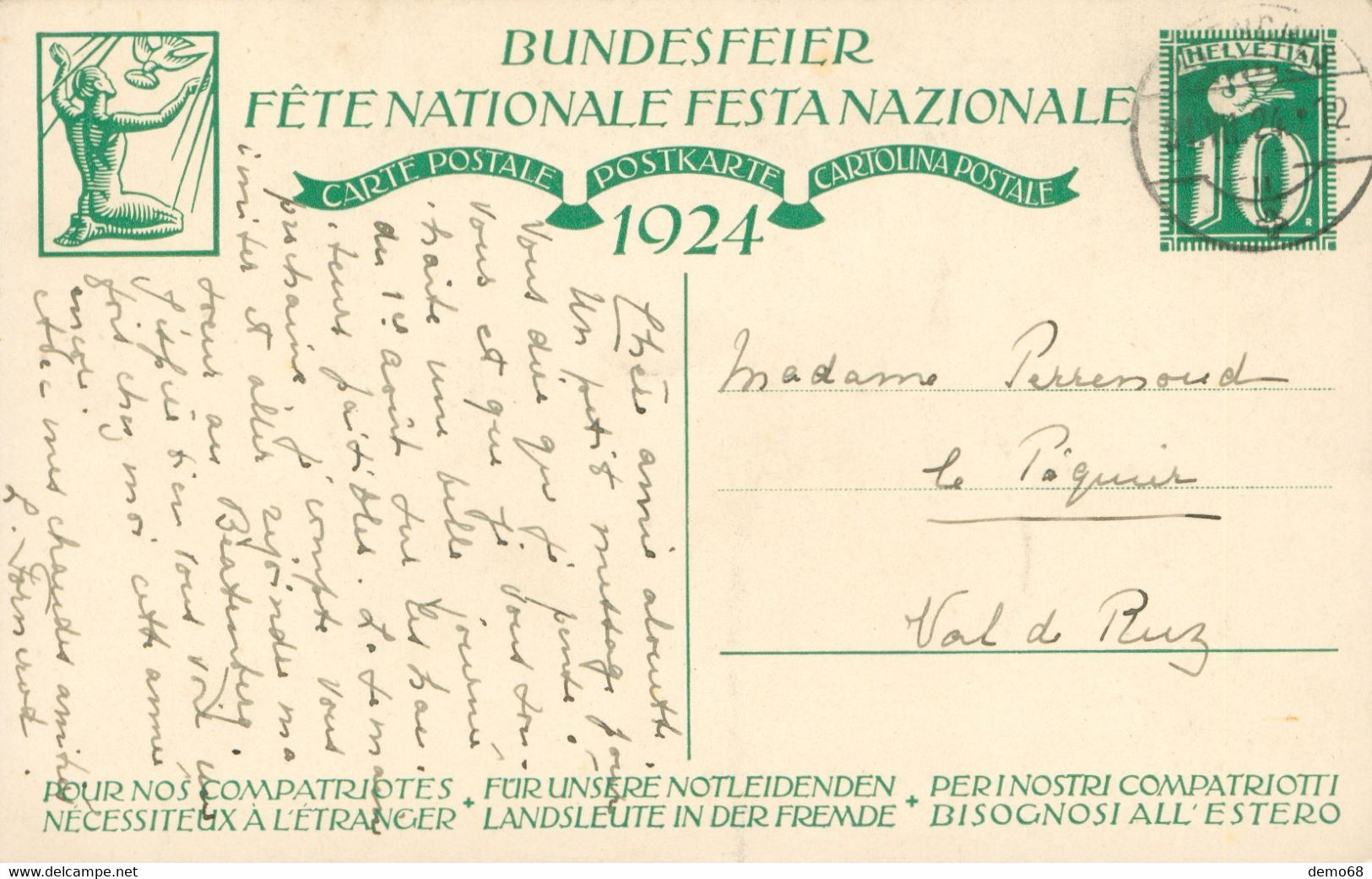 Bundesfeier Fête Nationale Suisse 1924 Suisse Schweiz Svizzera Pour Compatriotes Nécessiteux Ill. Eug. Zeller - Zell