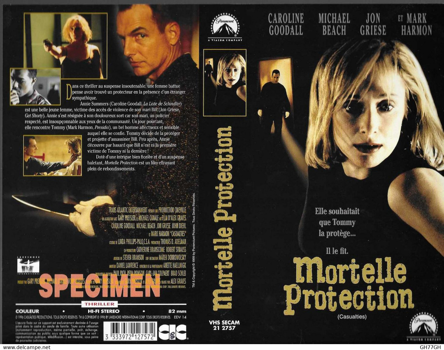 "MORTELLE PROTECTION" -jaquette SPECIMEN Originale CIC VIDEO -casualties - Horreur