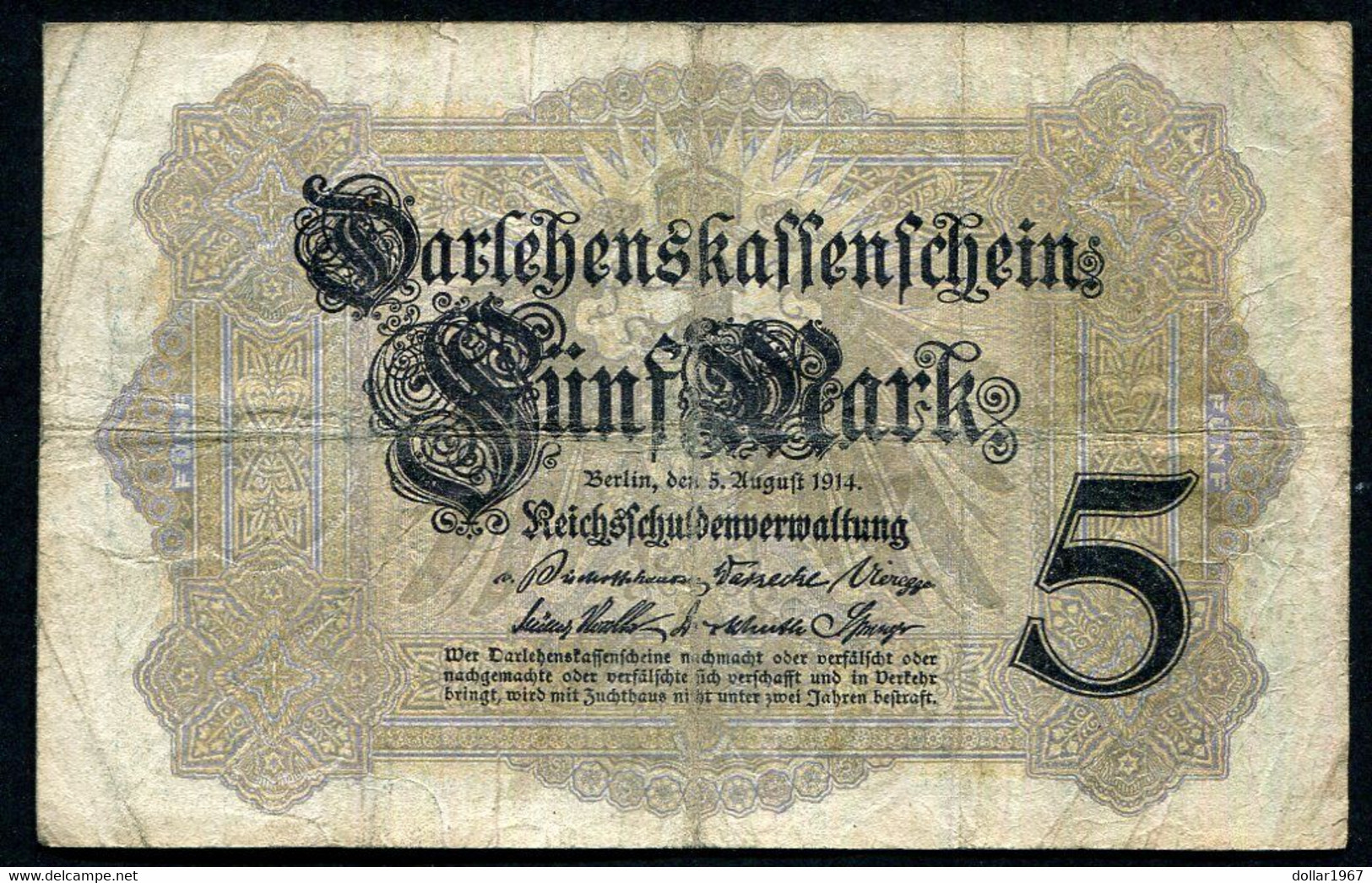 Germany - Duitsland ,6stellig ( A )  Ersten Weltkriegs , 5 Mark  1914-1918 - NR X 396011 - 5 Mark