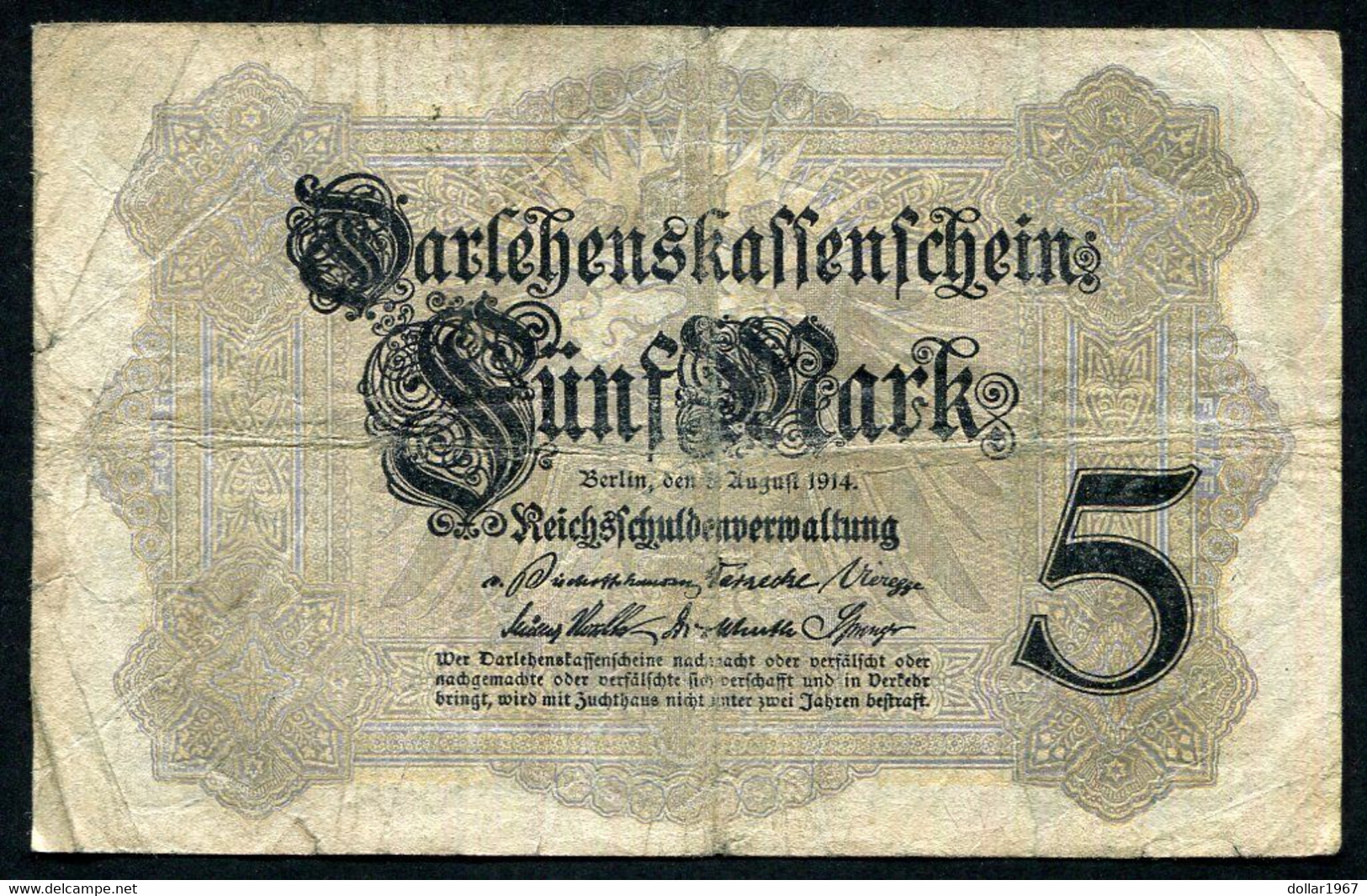 Germany - Duitsland ,7stellig ( B )  Ersten Weltkriegs , 5 Mark  1914-1918 - NR A 1601646 - 5 Mark