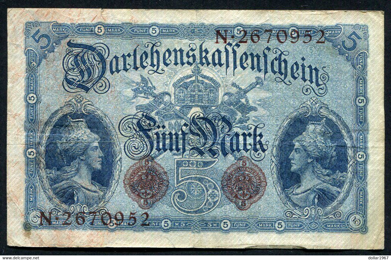 Germany - Duitsland ,7stellig ( B )  Ersten Weltkriegs , 5 Mark  1914-1918 - NR N 2670952 - 5 Mark