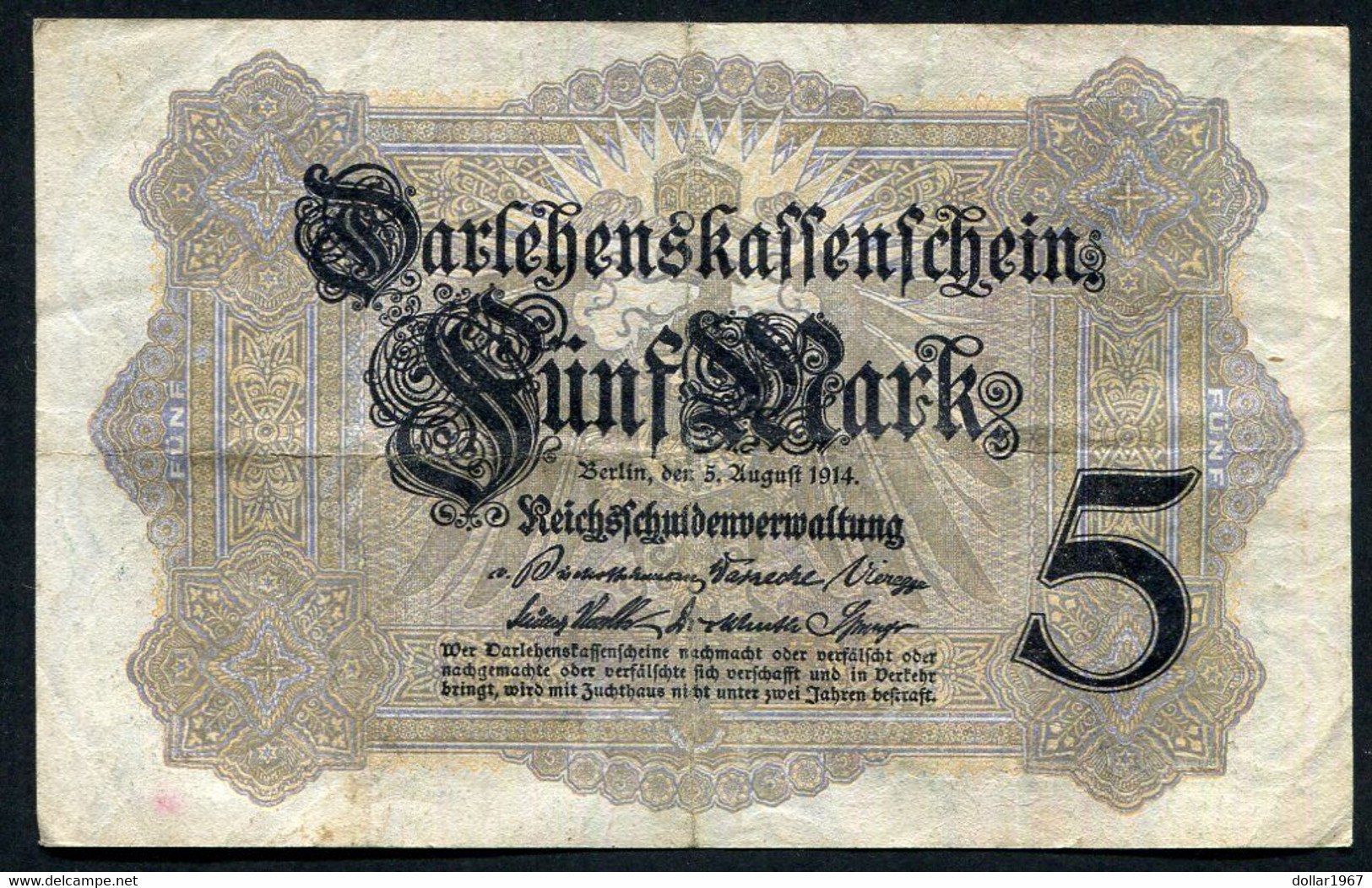 Germany - Duitsland ,7stellig ( B )  Ersten Weltkriegs , 5 Mark  1914-1918 - NR Z 3148790 - 5 Mark