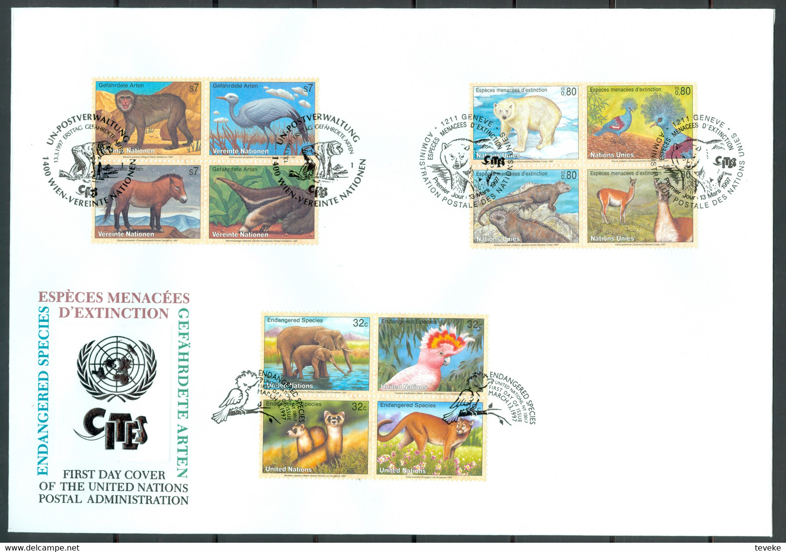 UN 1997 T034 - Endangered Species (V) CITES - Triple FDC - Emissions Communes New York/Genève/Vienne