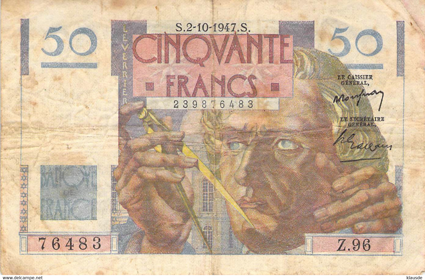 Frankreich 50 Francs Le Verrier VG/G IV - 50 F 1946-1951 ''Le Verrier''