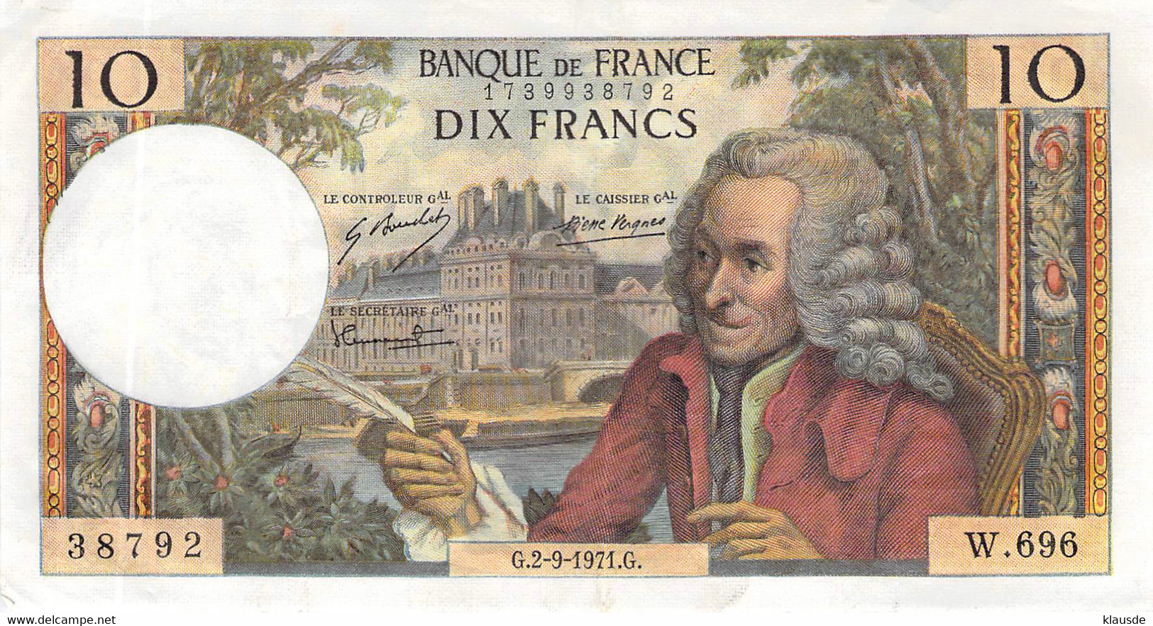 Frankreich 10 Francs Voltaire 1971 AU/EF II - 10 F 1963-1973 ''Voltaire''