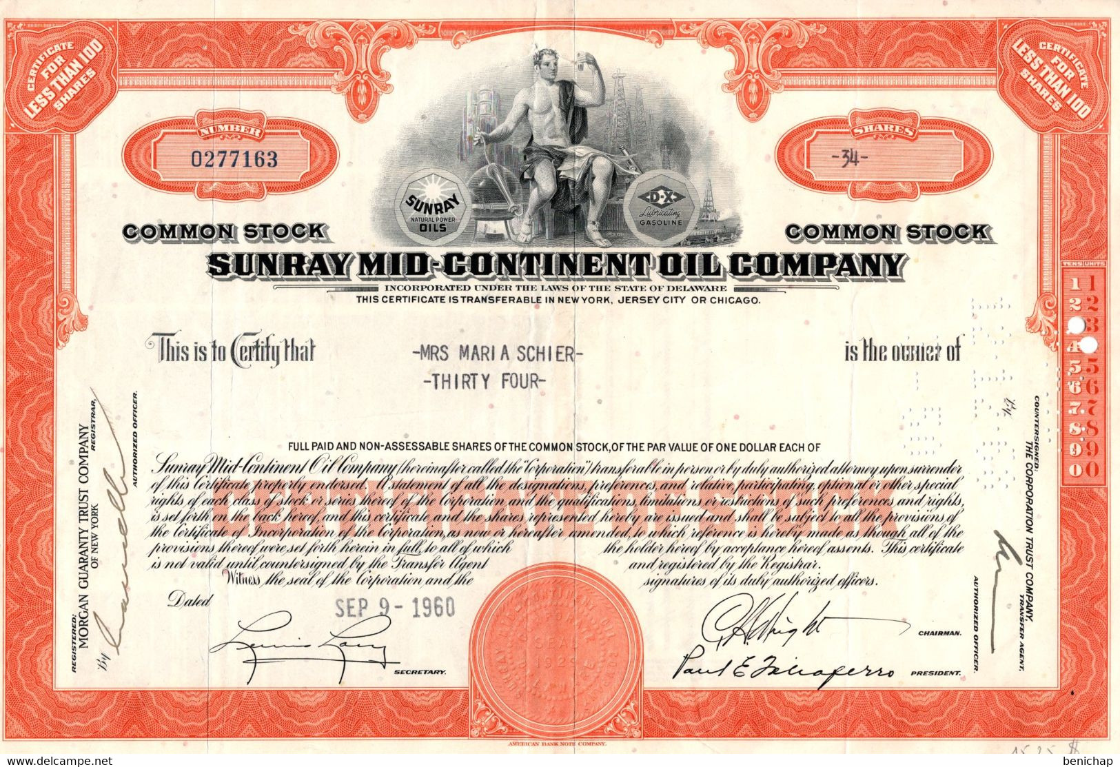 Sunray Mid-Continent Oil Company - Aka Sunoco - Titre De 34 Actions - New York 1960. - Erdöl