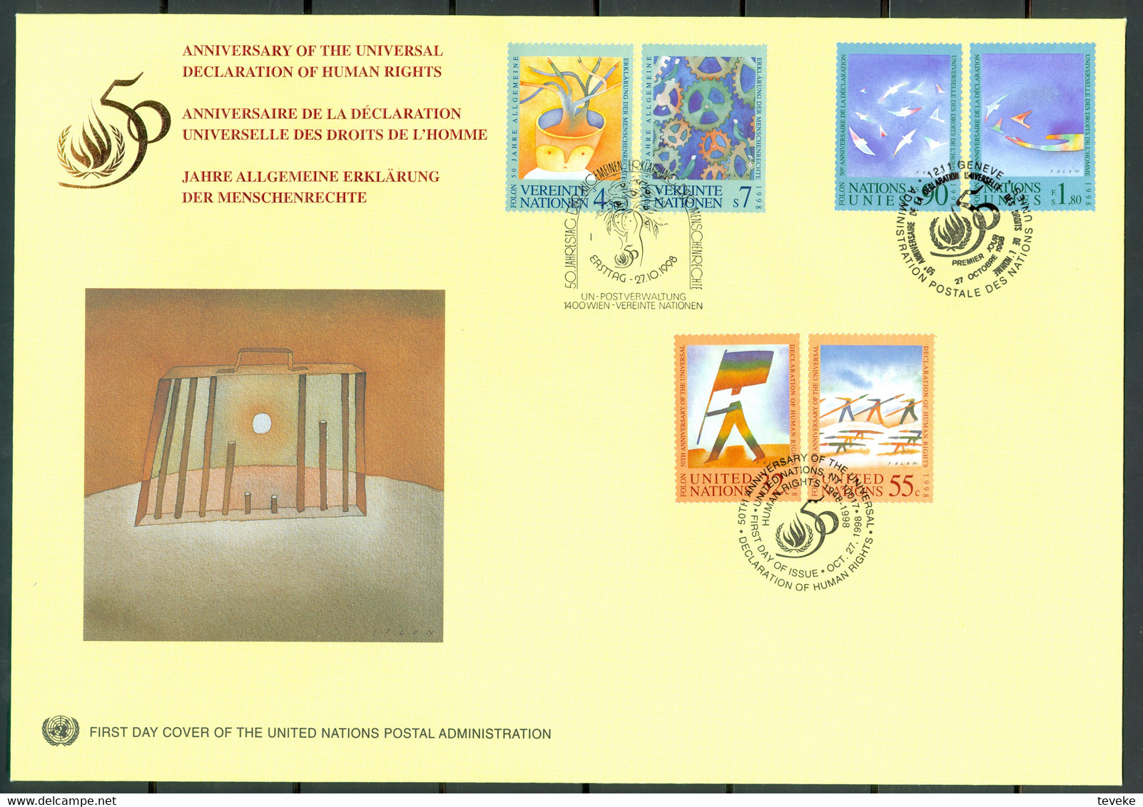 UN 1998 T045 - 50 Years Universal Declaration Of Human Rights - Triple FDC - Emissions Communes New York/Genève/Vienne