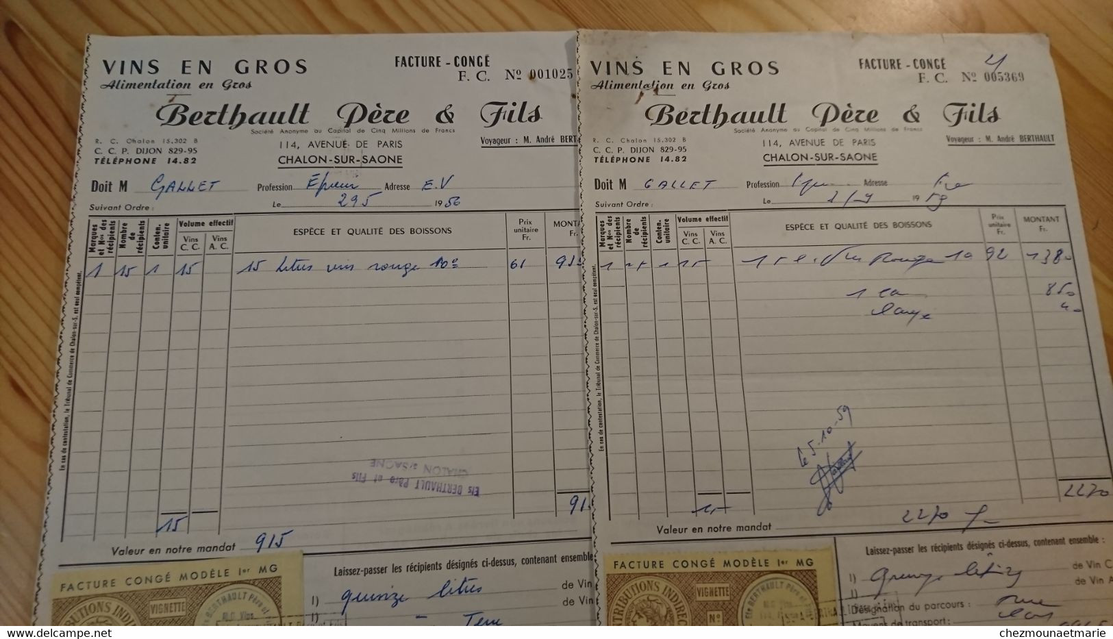 CHALON SUR SAONE - BERTHAULT PERE ET FILS - VINS EN GROS - LOT DE 2 DOCUMENTS ANNEES 1950 - Alcools