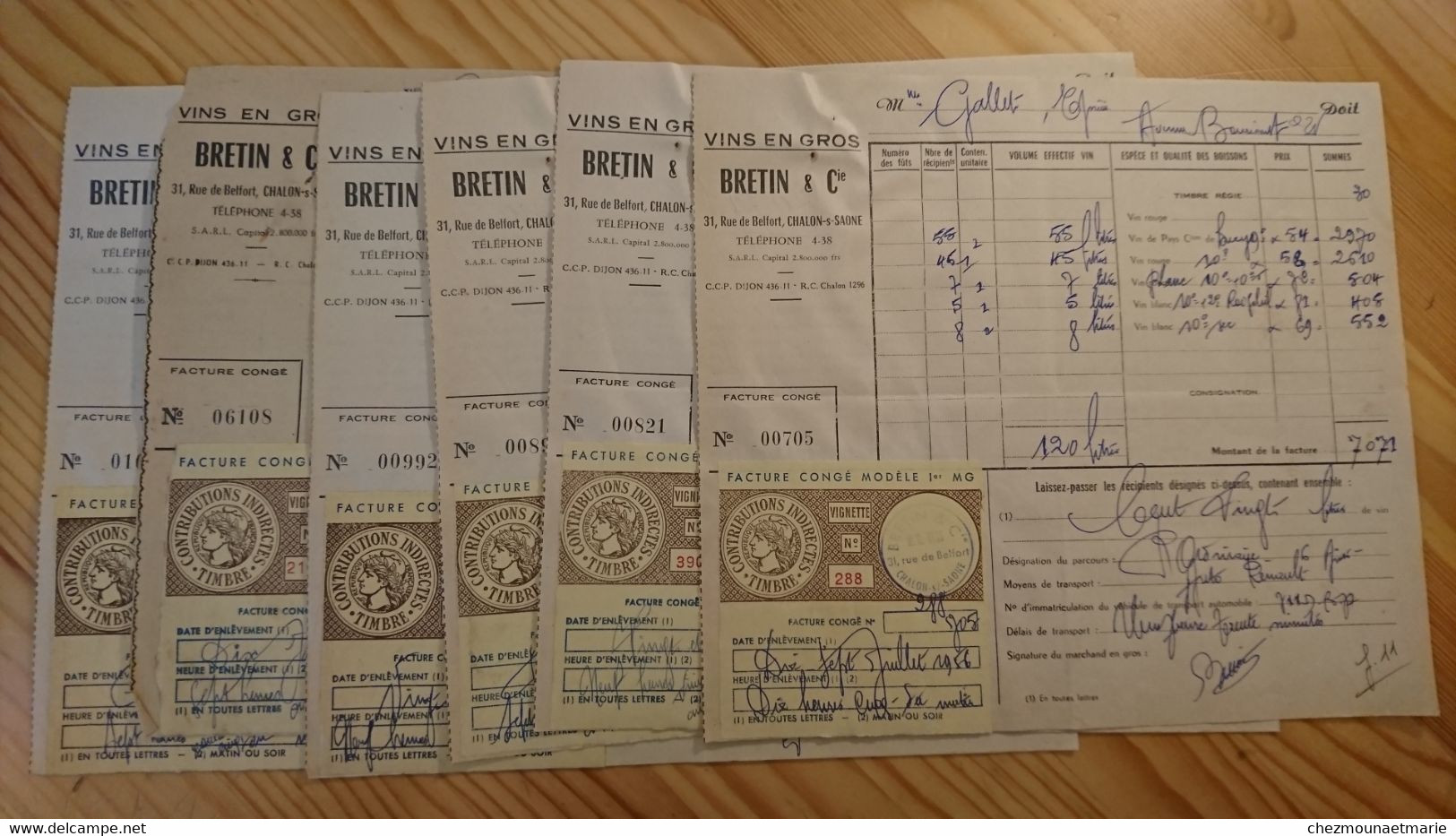 CHALON SUR SAONE - BRETIN ET CIE POUR GALLET EPICIERE - VINS EN GROS - LOT DE 6 DOCUMENTS ANNEES 1950 - Alcools