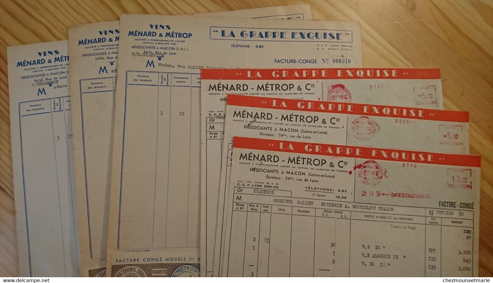 MACON - MENARD METROP - LA GRAPPE EXQUISE - VINS POUR GALLET EPICERIE - LOT DE 6 DOCUMENTS ANNEES 1950 - Alcohols