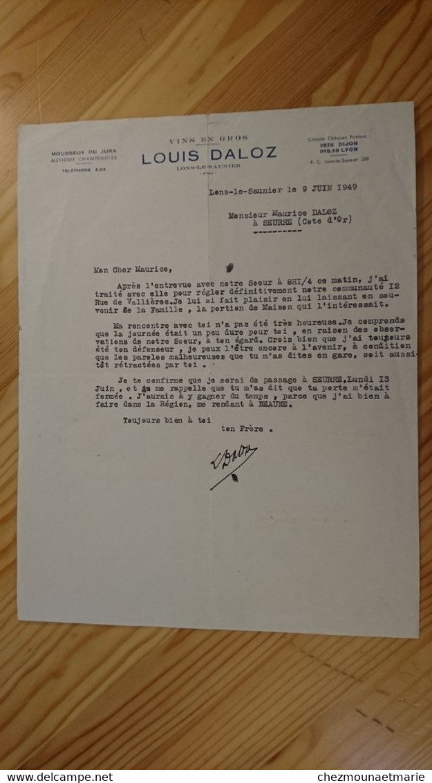 1949 LONS LE SAUNIER - LOUIS DALOZ POUR SEURRE - VINS EN GROS MOUSSEUX DU JURA - LETTRE DE COMPLAINTE - Alcools