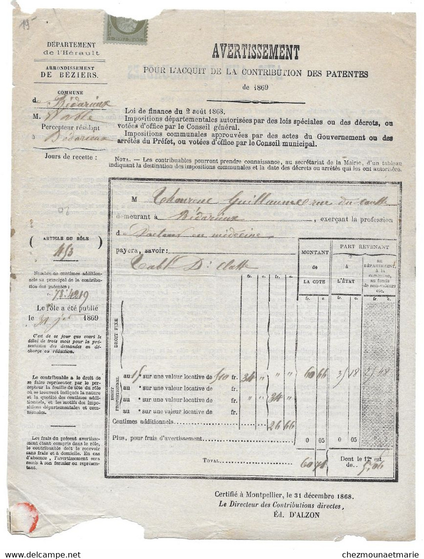 1869 BEDARIEUX - THOURENC GUILLAUME DOCTEUR EN MEDECINE - CONTRIB DES PATENTES - Documents Historiques