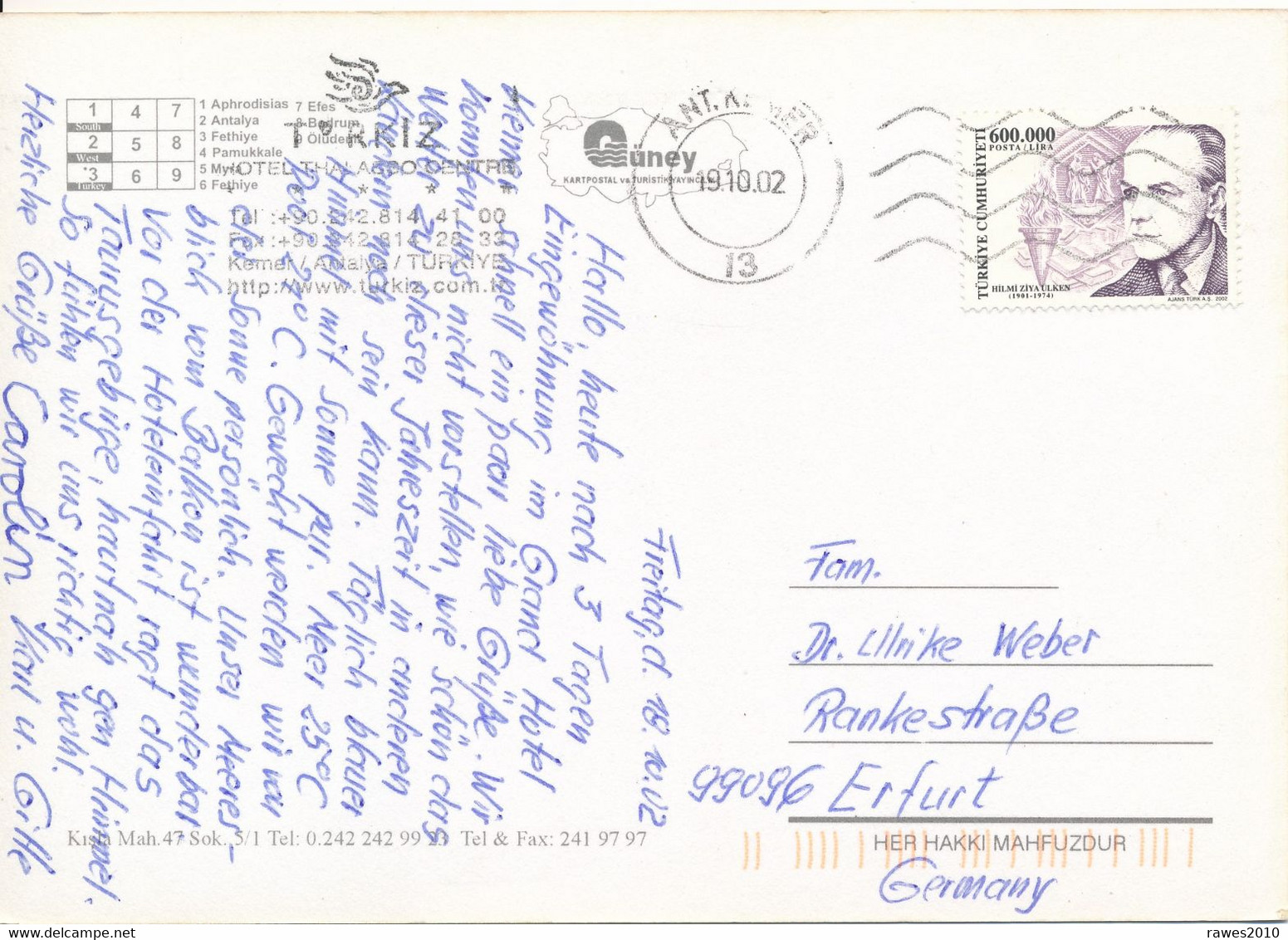 Türkei Antalya TGST 2002 Mi. 3307 Hilmi Ziva Ulken - Postkarte Nach Deutschland - Lettres & Documents