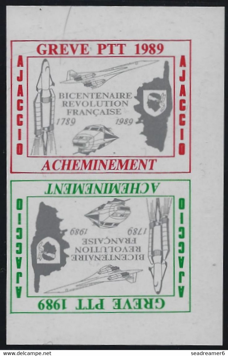 France Vignette De Grève Tete Beche Corse Ajaccio 1989 2 Couleurs Concorde Train Espace (space) - Other & Unclassified