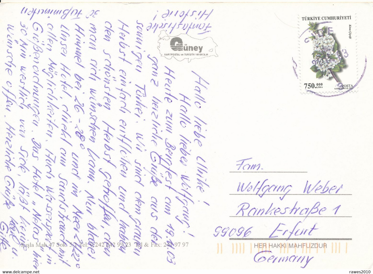 Türkei Side TGST 2003 750000 Lira Blume - Postkarte Nach Deutschland - Briefe U. Dokumente