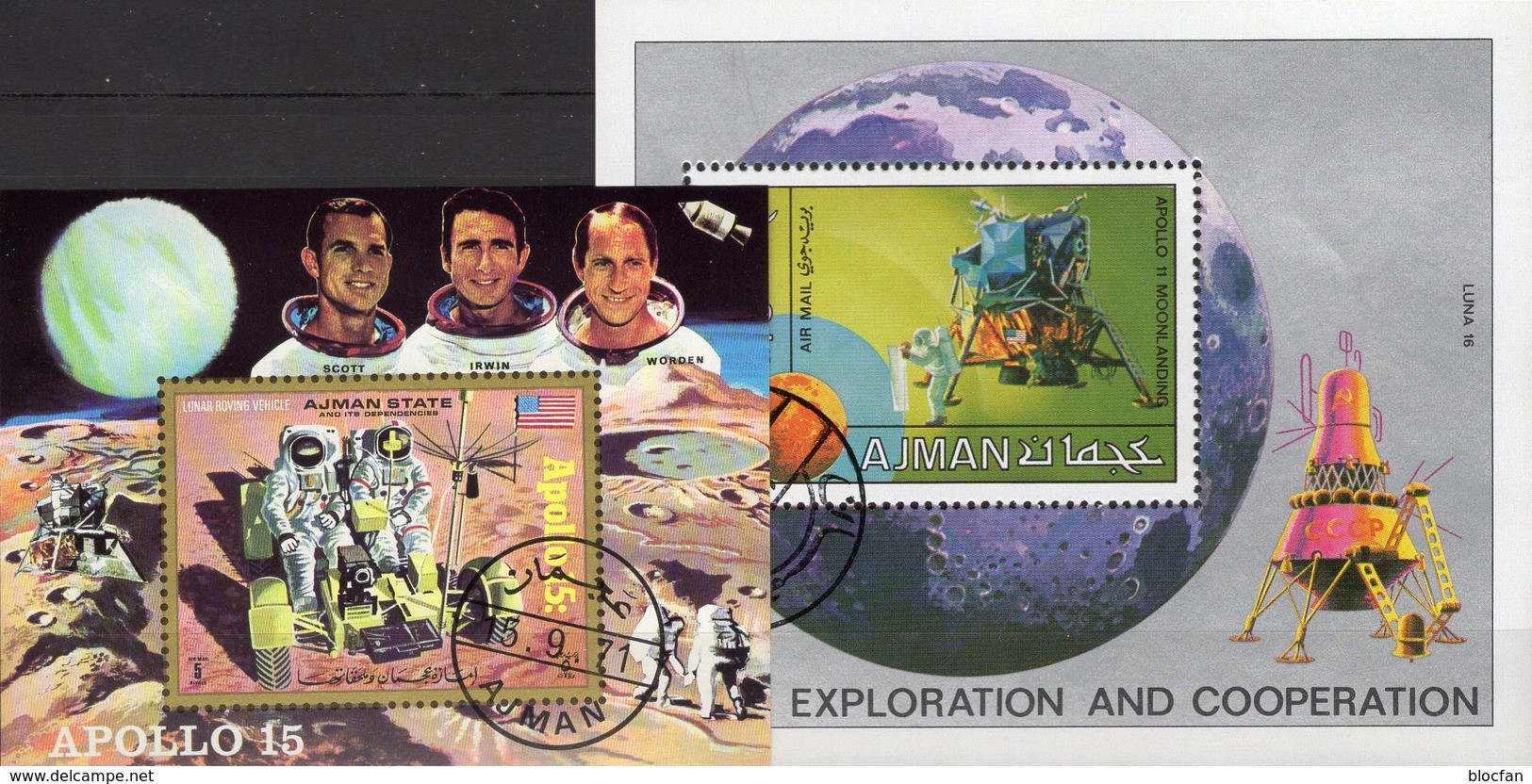 Apollo 15 Adschman Blocks 319+328 O 9€ Mond-Landefähre 1969 Hojitas Blocs NASA M/s Spaceships Sheets Flag Ss Bf VAE - USA