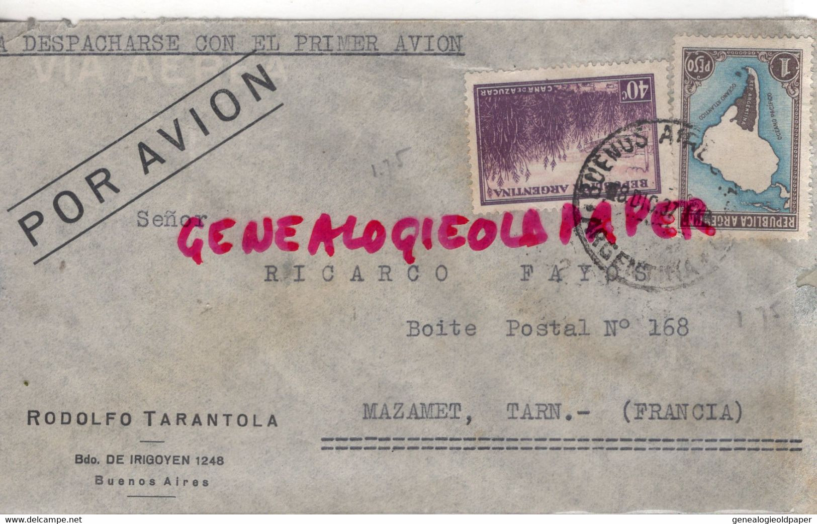 ARGENTINE- LETTRE AVION RODOLFO TARANTOLA -BDO DE IRIGOYEN 1248- BUENOS AIRES-A RICARDO FAYOS MAZAMET TARN 81- 1937 - Covers & Documents