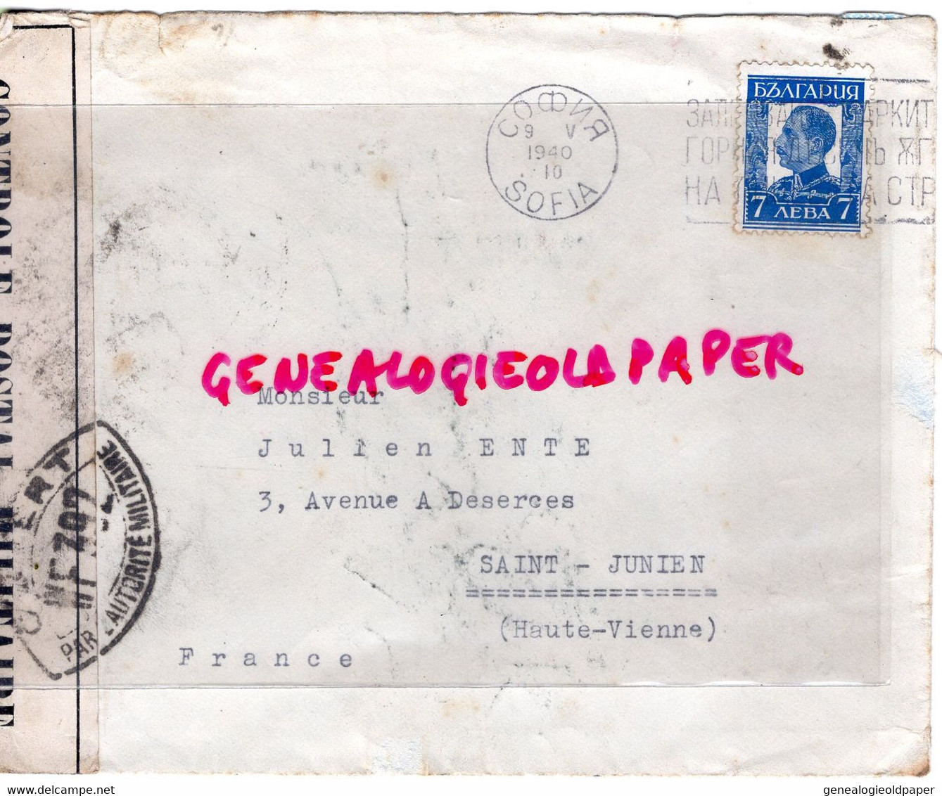 BULGARIE -BULGARIA- LETTRE BAMAY HANDELS - CENSURE MILITAIRE 1940- GUERRE JULIEN ENTE 3 AVENUE DESERCES SAINT JUNIEN - Covers & Documents