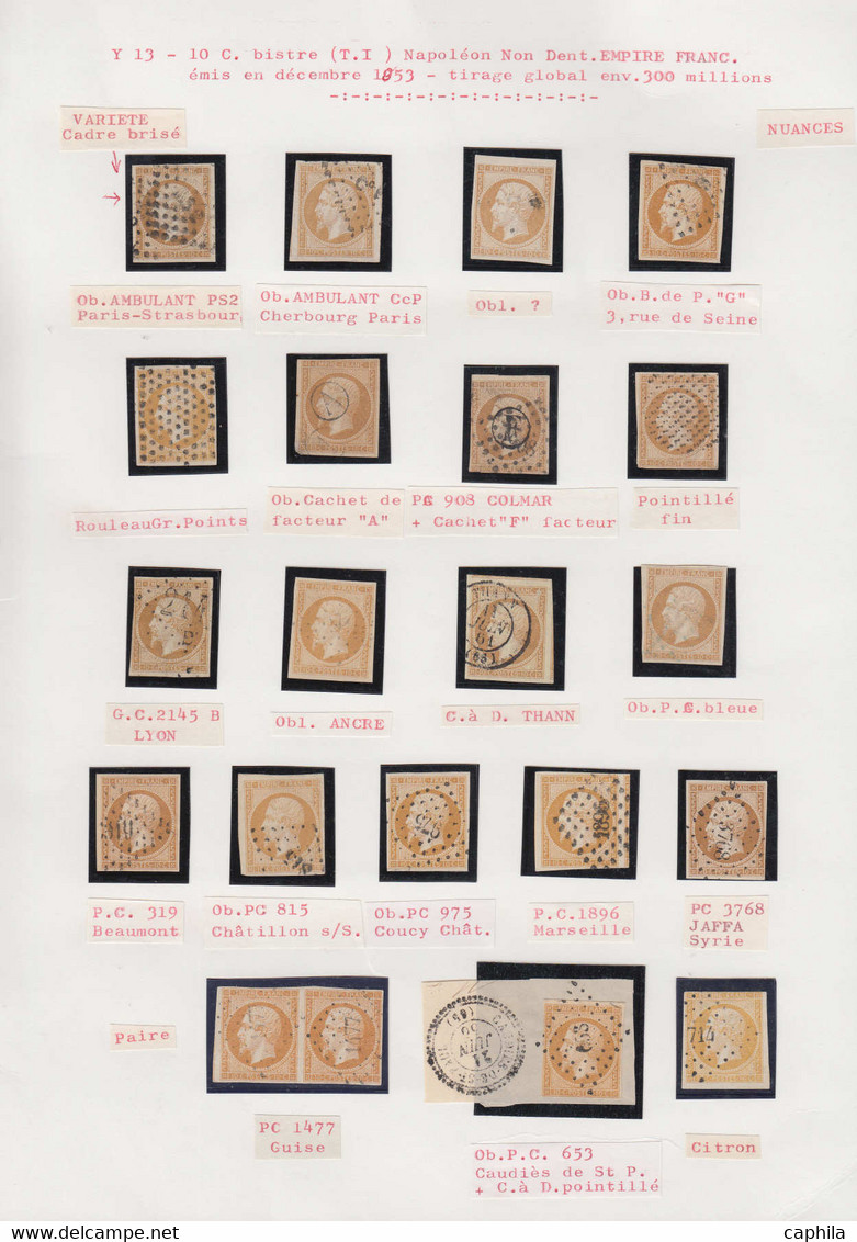 O FRANCE - Poste - 13, Type I Et II, Petite étude De 26 Unités, 3 Paires Et 2 Lettres, Nuances, Oblitérations, Dont Pair - 1853-1860 Napoleone III