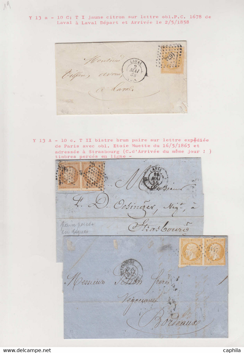 O FRANCE - Poste - 13, Type I Et II, Petite étude De 26 Unités, 3 Paires Et 2 Lettres, Nuances, Oblitérations, Dont Pair - 1853-1860 Napoleone III