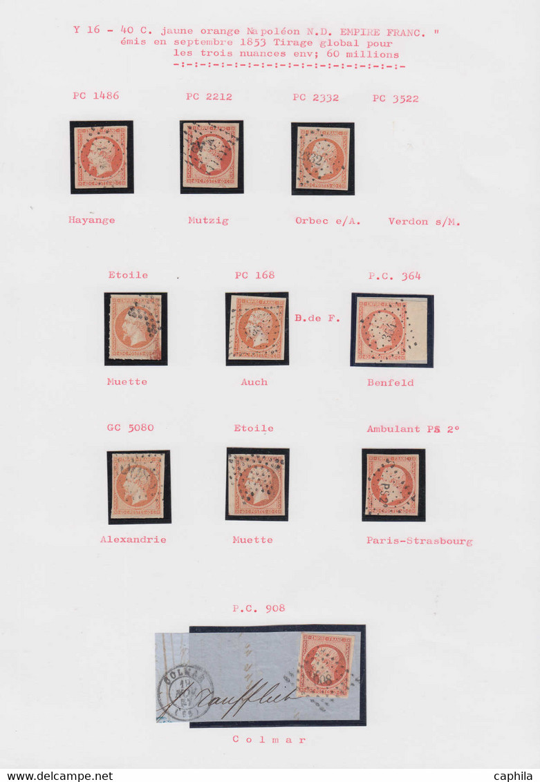 O FRANCE - Poste - 16, étude Sur 36 Unités Et Une Paire, Nuances Et Oblitérations Diverses: 40c. Jaune-orange - 1853-1860 Napoleone III