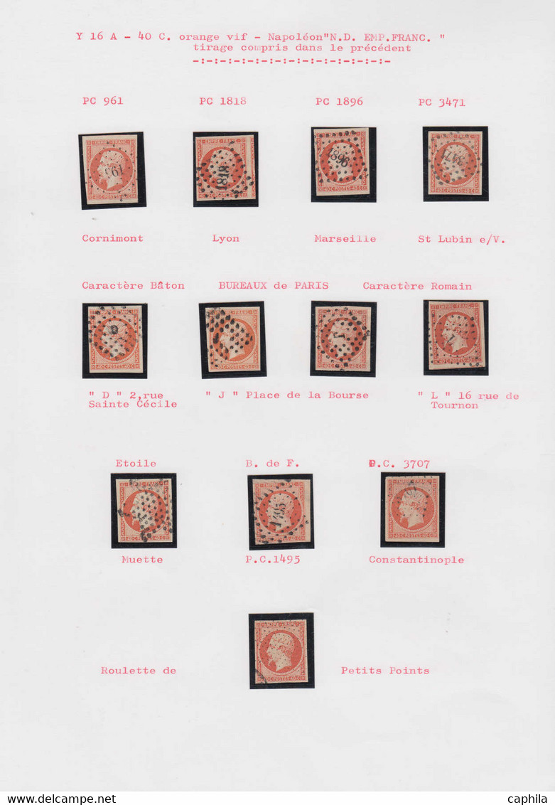 O FRANCE - Poste - 16, étude Sur 36 Unités Et Une Paire, Nuances Et Oblitérations Diverses: 40c. Jaune-orange - 1853-1860 Napoleon III