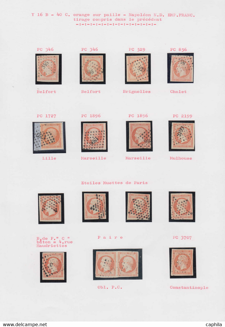 O FRANCE - Poste - 16, étude Sur 36 Unités Et Une Paire, Nuances Et Oblitérations Diverses: 40c. Jaune-orange - 1853-1860 Napoleon III