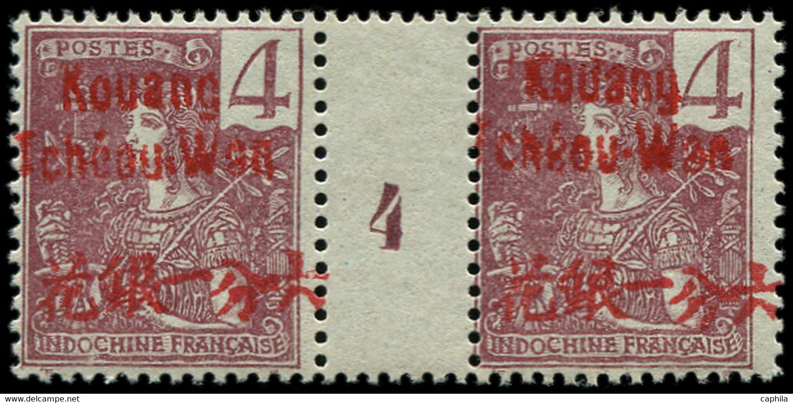 * KOUANG-TCHEOU - Poste - 3, Paire Millésime "4", Tirage 238: 4c. Lilas-brun S. Gris (Maury) - Unused Stamps